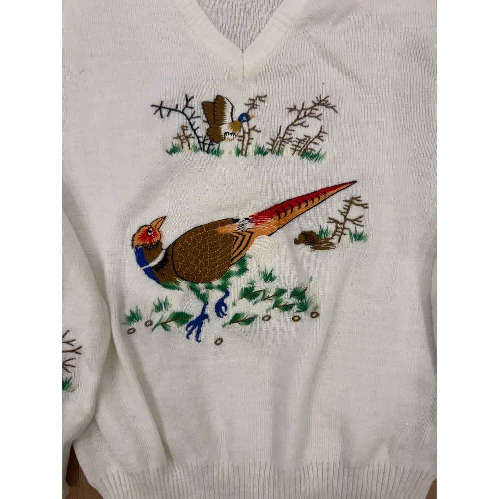 Vintage JCPenney Pheasant Embroidered Sweater White V-Neck Hunting Grandpa Core - Picture 2 of 7